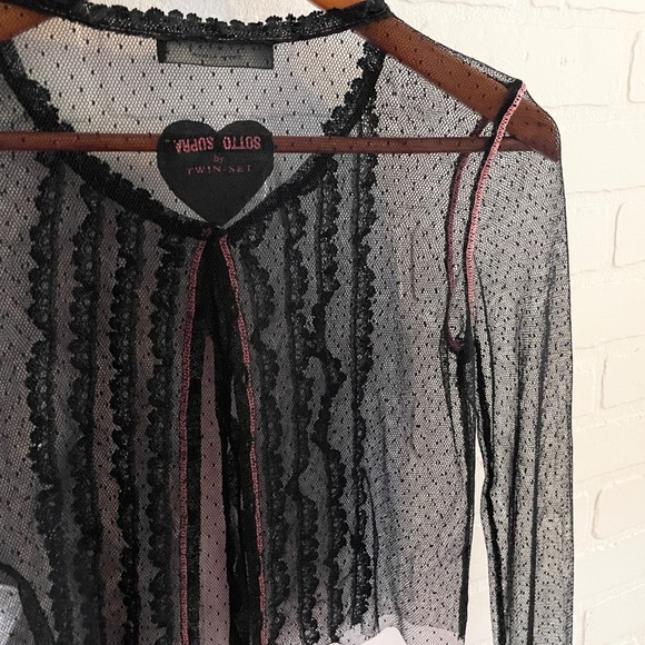 Twin-Set by Simona Barbieri Crop Blouse Cardigan Sheer Lace Black Heart Y2K Sz M - Picture 4 of 15